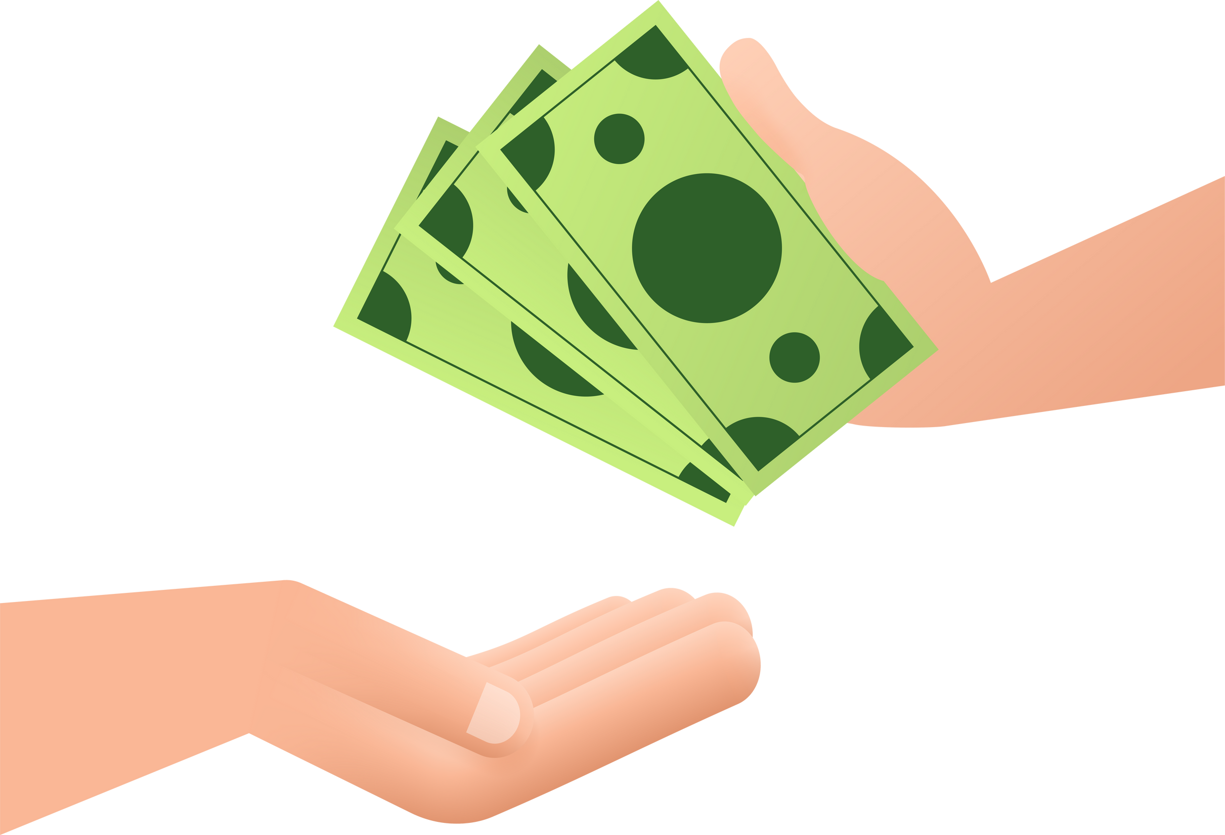 The hand is giving money to the other hand. Pay for something. Paying Cash. Vector stock illustration.